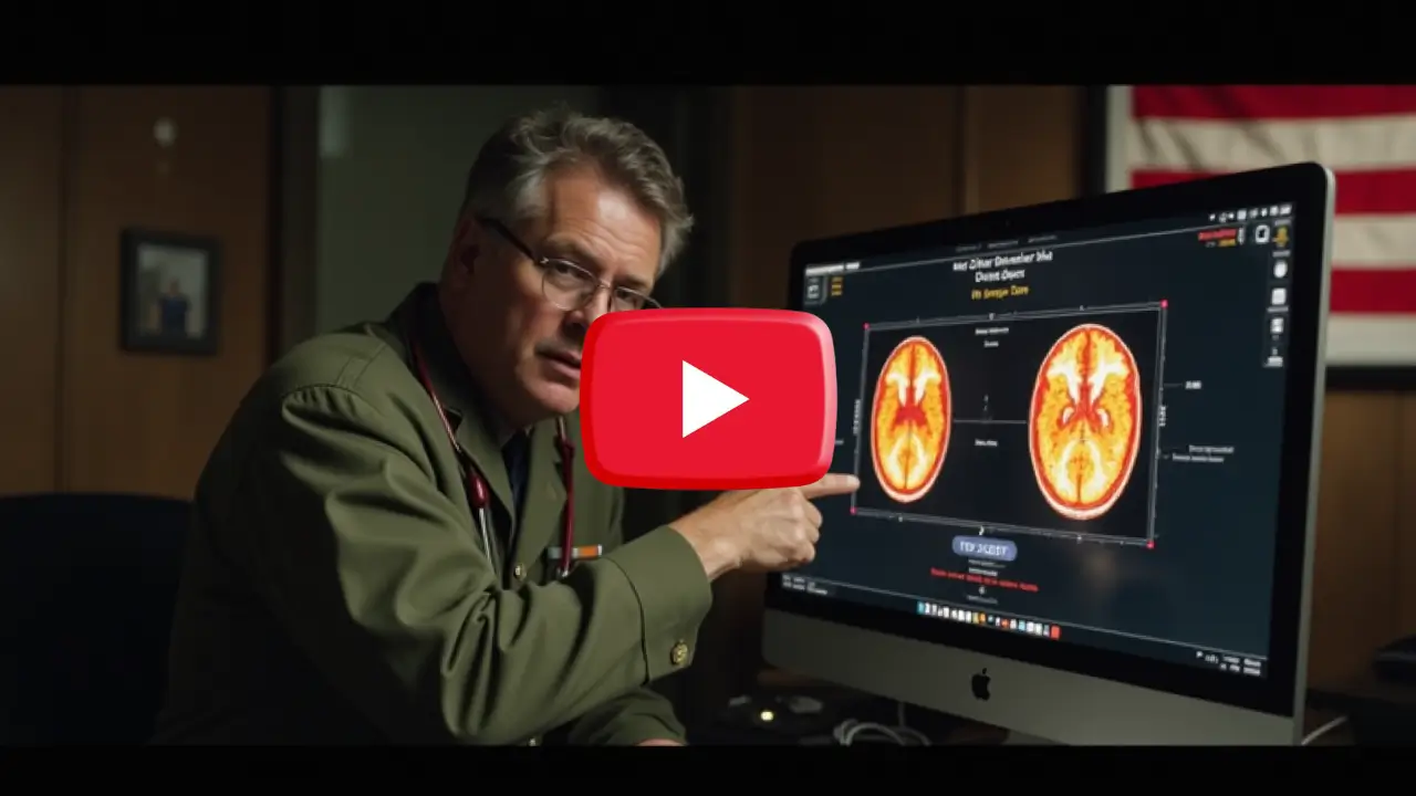 military doctor pointing to brain scan showing tinnitus damage