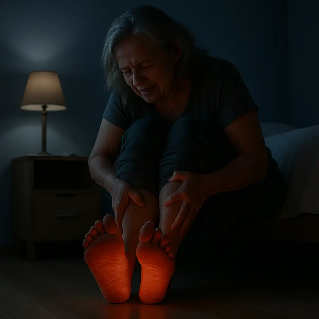 Elderly woman experiencing foot pain due to neuropathy, nerve pain treatment for legs and feet